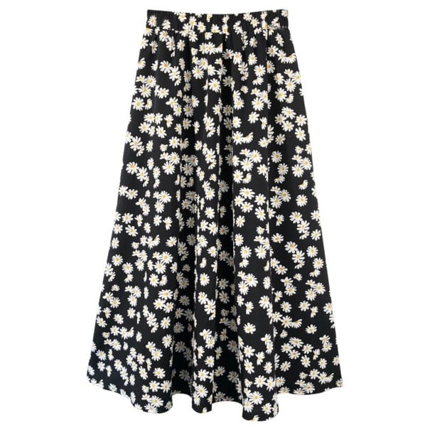 Saia longa feminina com estampado de pequenas margaridas Cintura alta Corte em A com comprimento abaixo dos joelhos Tecido fluido preto XL