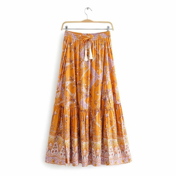 Sáia maxi laranja para mulheres com estampado ornamental Cintura elástica franzida com cordão e franjas Corte em camadas com volantes Algodão M