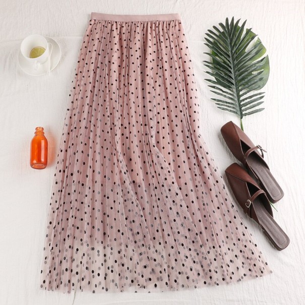 Saia midi de tule para senhora com bolinhas rosa