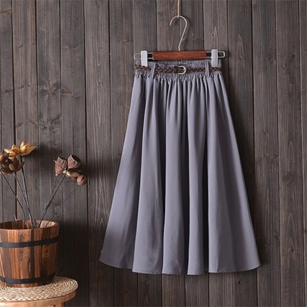 Saia midi feminina com cinto cinzento