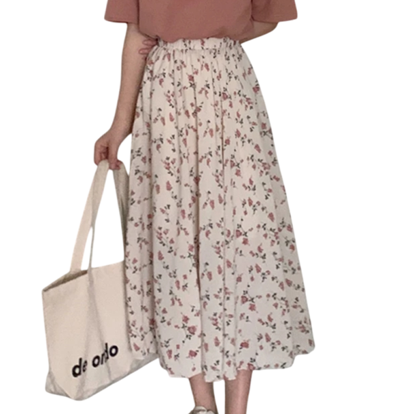 Sáia midi feminina com padrão floral Saia leve em corte A com cintura elástica Saia de verão para a cidade, passeios e trabalho creme