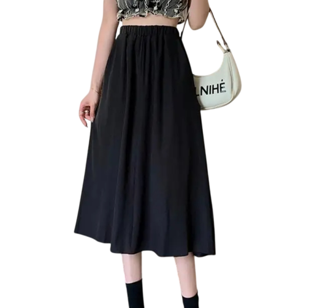 Saia midi preta para senhora com cintura elástica Saia em A elegante para o trabalho e lazer Saia confortável para uso diário 1