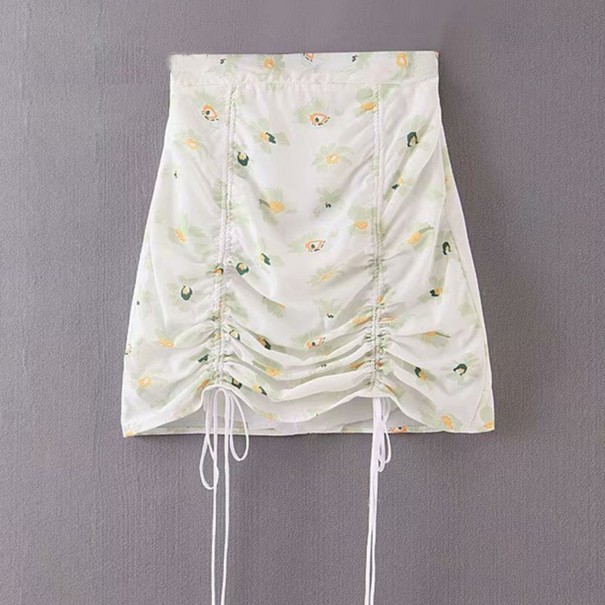 Saia mini de chiffon feminina com cintura alta Branca com pequeno padrão floral Franzido com cordões ajustáveis Chiffon e poliéster XS