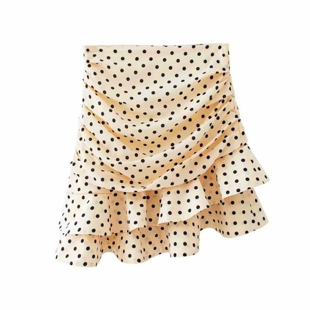 Saia mini feminina com franzido e folhos assimétricos Padrão de bolinhas pretas Corte ajustado com cintura alta Tecido ligeiramente bege M