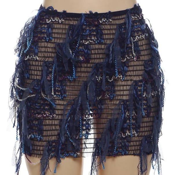 Saias curtas de malha transparente com franjas Mini saia sexy para mulheres Saia fina e justa para praia e festas Saia transparente de verão azul M