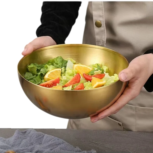 Salatskål i guld i rustfrit stål 9,3 x 20 cm Elegant serveringsskål til køkkenet Designerskål til frugt og grøntsager Borddekoration 1