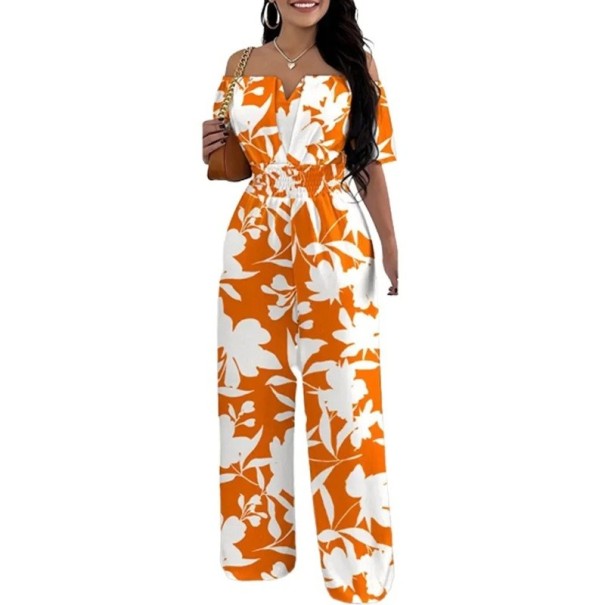 Salopetă damă portocalie cu model floral Decolteu în V Mâneci scurte Pantaloni lungi Croi ușor de vară Material confortabil Poliester L