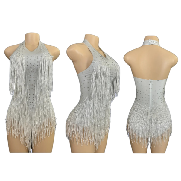 Salopetă de dans pentru femei cu franjuri și pietricele, body halter din rayon pentru latino, spectacole pe scenă și petreceri alb L/XL