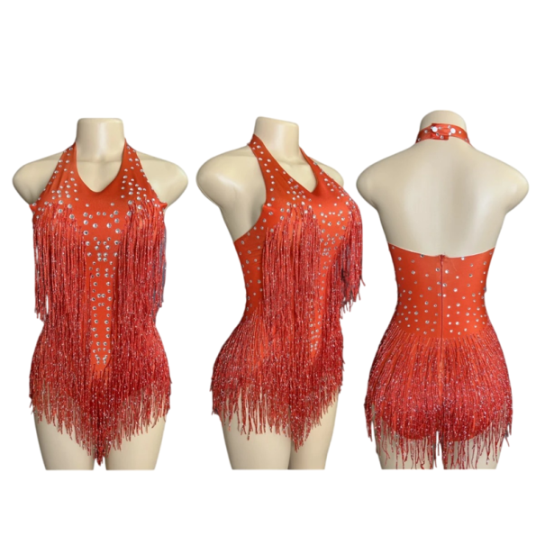 Salopetă de dans pentru femei cu franjuri și pietricele, body halter din rayon pentru latino, spectacole pe scenă și petreceri cărămizii L/XL