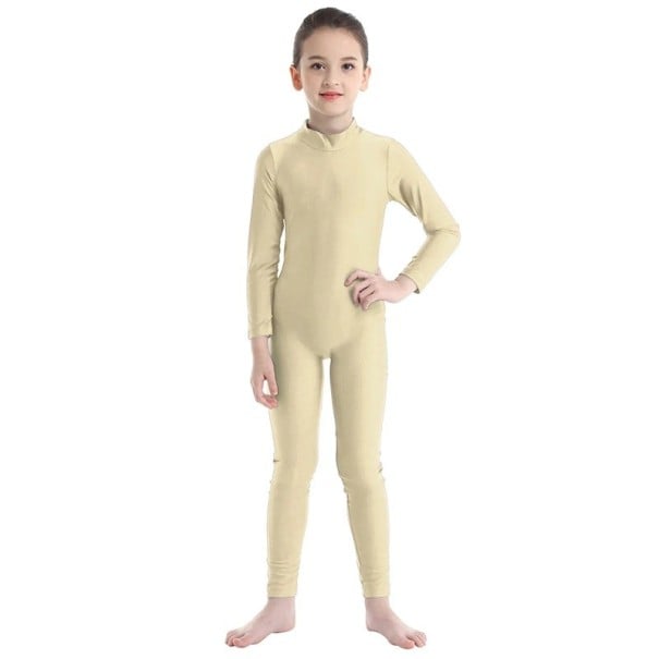 Salopetă de dans pentru fete cu mânecă lungă și guler înalt, tricot simplu, poliester și elastan, pentru balet, gimnastică și dans bej 16