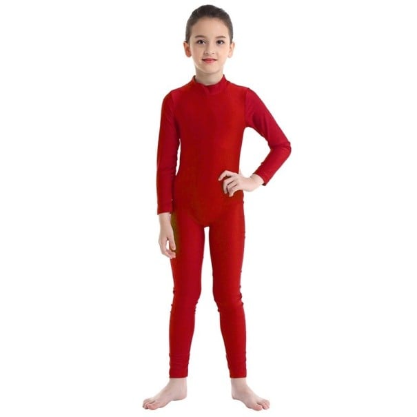 Salopetă de dans pentru fete cu mânecă lungă și guler înalt, tricot simplu, poliester și elastan, pentru balet, gimnastică și dans roșu 16