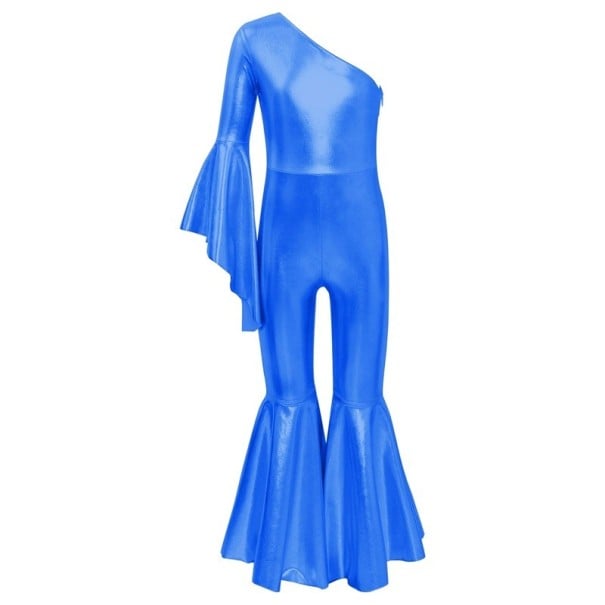 Salopetă de dans pentru fete cu umăr asimetric, pantaloni evazați și mânecă, material metalic din poliester cu elastan, pentru disco și spectacole albastru 16