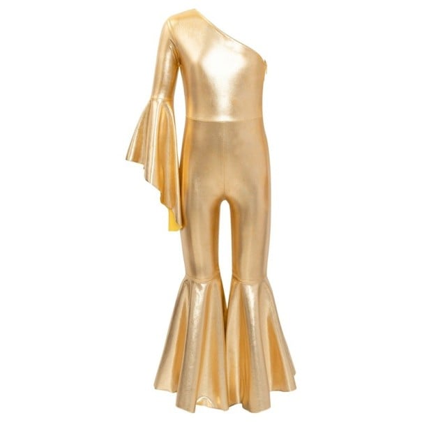 Salopetă de dans pentru fete cu umăr asimetric, pantaloni evazați și mânecă, material metalic din poliester cu elastan, pentru disco și spectacole galben 16