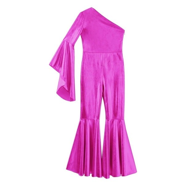 Salopetă de dans pentru fete cu umăr asimetric, pantaloni evazați și mânecă, material metalic din poliester cu elastan, pentru disco și spectacole roz 16