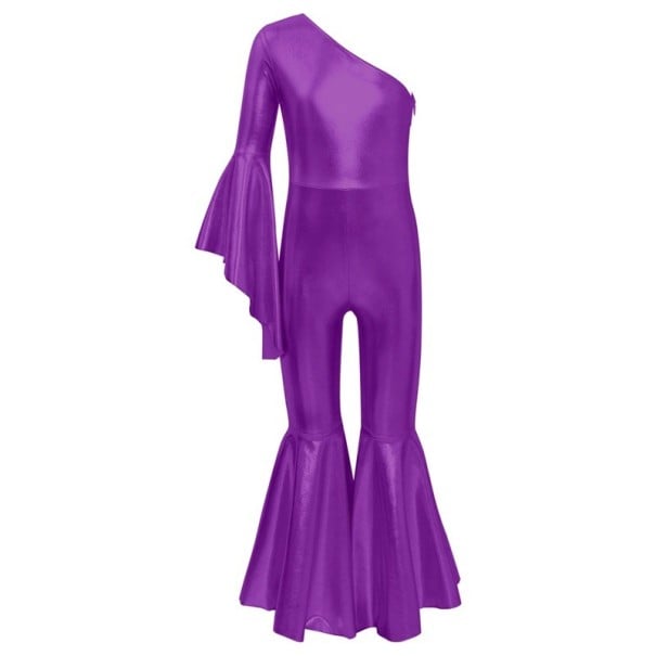 Salopetă de dans pentru fete cu umăr asimetric, pantaloni evazați și mânecă, material metalic din poliester cu elastan, pentru disco și spectacole violet 16