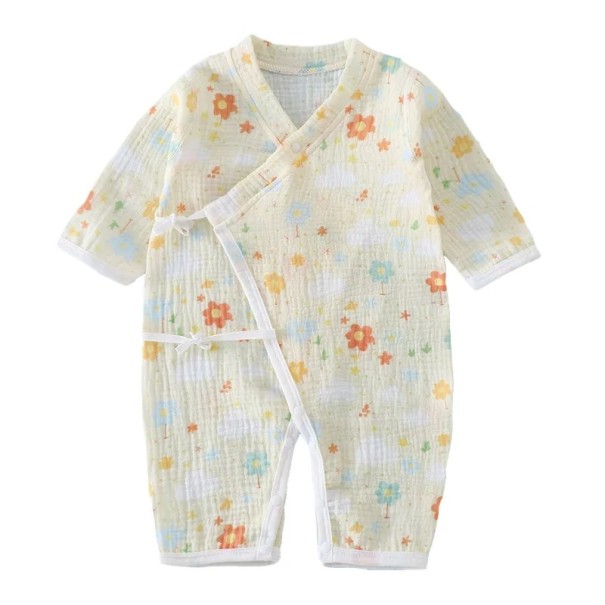 Salopetă din bumbac muselin pentru nou-născuți cu mânecă lungă și decolteu în V Salopetă galbenă unisex cu motiv floral și deschideri cu șnur 9-12 luni