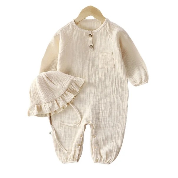 Salopetă din bumbac muselin pentru nou-născuți cu mânecă lungă și decolteu rotund Salopetă unisex bej cu nasturi și pantaloni lungi 3-6 luni