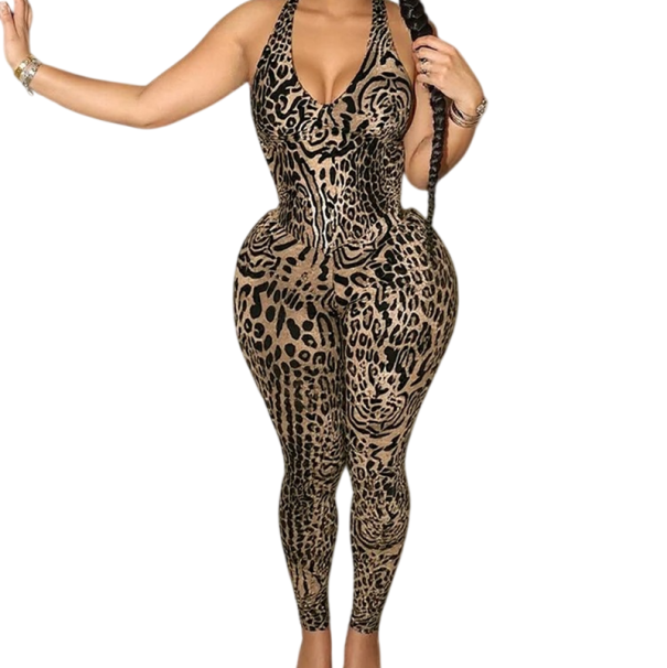 Salopetă pentru femei cu model leopardeu Decolteu în V Pantaloni lungi Top elegant Croi elastic Material confortabil Poliester Spandex S
