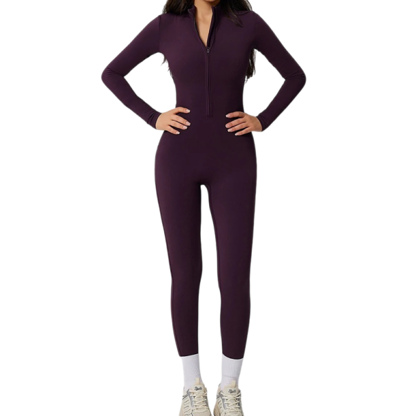 Salopetă sportivă pentru femei cu mânecă lungă și colanți cu fermoar la decolteu Salopetă fitness uni din nylon și spandex violet S
