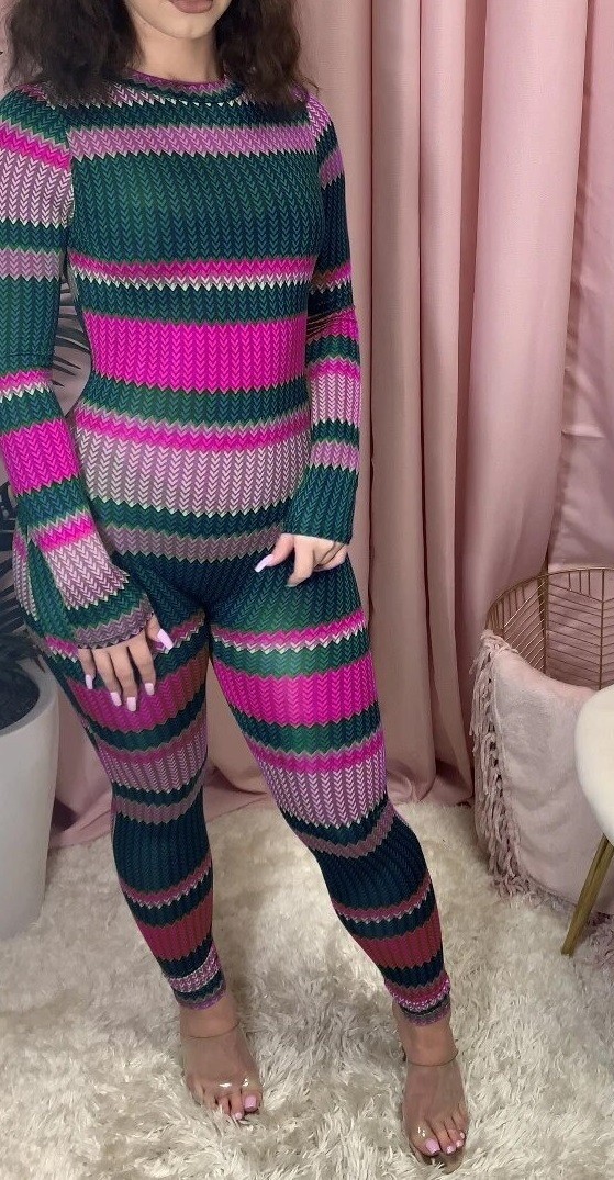 Salopette da donna a maniche lunghe a righe rosa scuro XXL