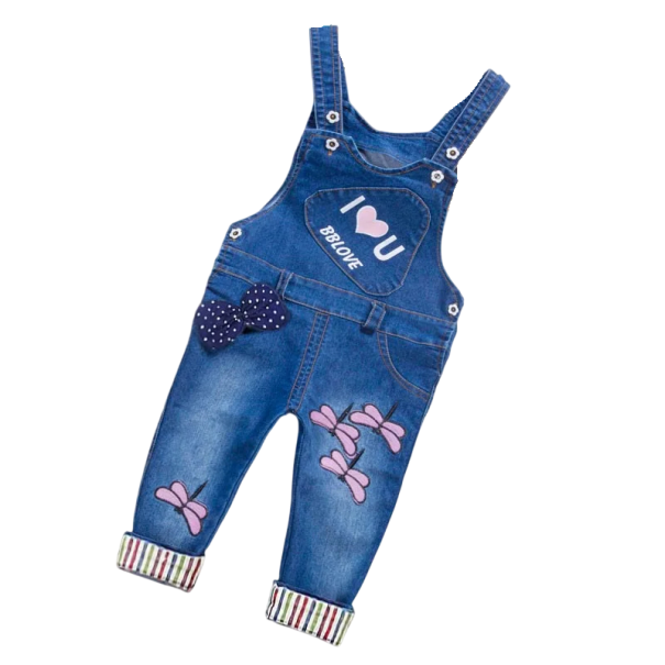 Salopette in denim per ragazze con ricamo di farfalle Pantaloni lunghi Spalline con bottoni Tasche Salopette per bambini comode in cotone e poliestere 9-12 mesi