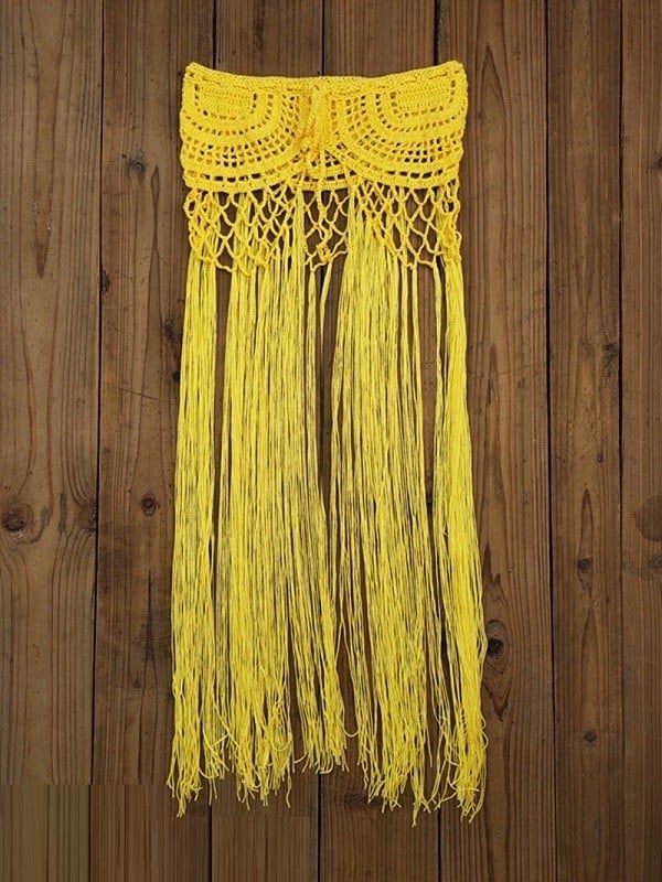 Salsa de malha feminina com longas franjas Padrão rendado na parte superior Centro em rede de nós Fio de algodão Comprimento amarelo