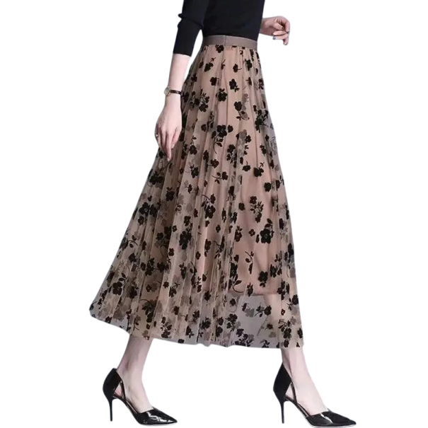 Salsa longa em A com padrão floral Saia leve em gaze com cintura alta Saia maxi fluida de verão para mulheres Corte elegante e solto castanho XL