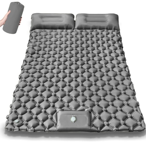 Saltea gonflabilă pentru 2 persoane cu pompă încorporată 190 × 120 × 5 cm nylon TPU ultraușoară 1,2 kg cu perna de 17 cm gri
