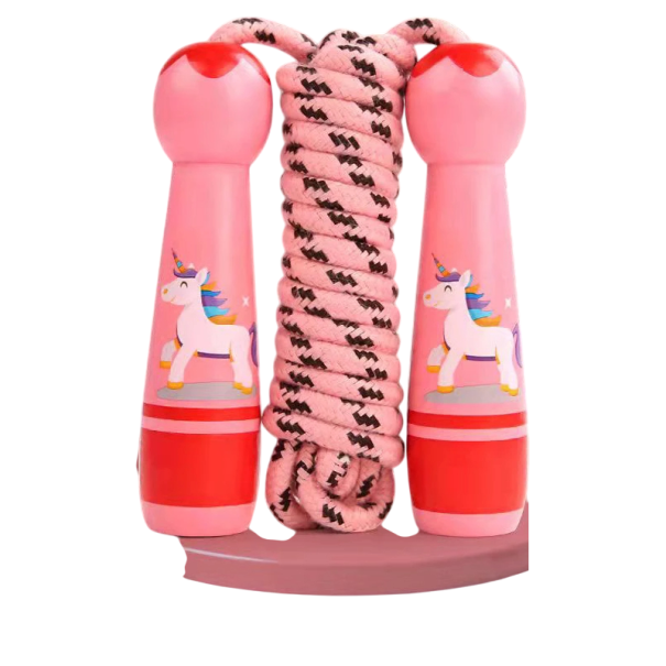 Salto regolabile per bambini con manici in legno Salto rosa con unicorno Corda di cotone Strumento per il movimento dei bambini 1