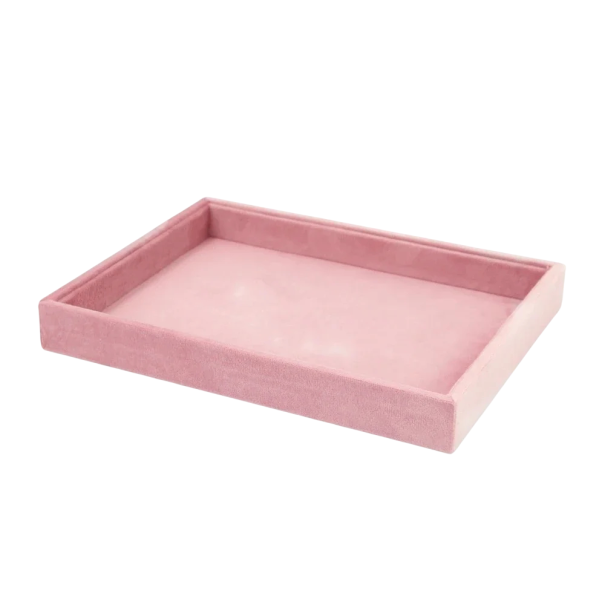 Sametový organizér na šperky 25 × 19 × 3 cm růžový samet otevřená úložná krabička na prsteny náušnice řetízky stolní pořadač 1