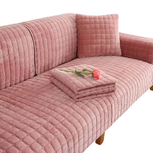 Sametový potah na pohovku protiskluzový kostkovaný plyšový 110 x 160 cm flanelový prošívaný lze prát v pračce na sedačku do obýváku růžová