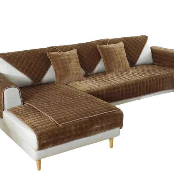 Sametový potah na pohovku protiskluzový plyšový 110 x 210 cm kostkovaný flanelový pratelný v pračce na gauč i sedačku do obývacího pokoje hnědá