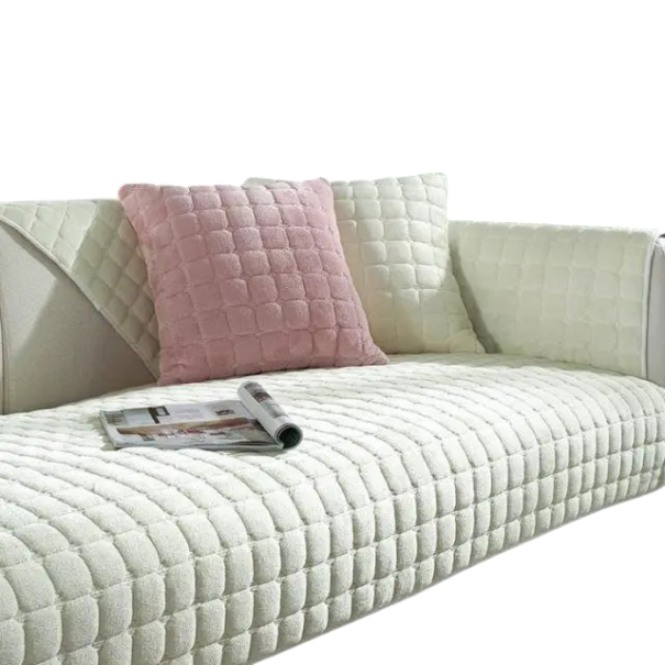 Sametüberzug für Sofa rutschfest plüschig 110 x 210 cm kariert flanell waschbar in der Waschmaschine für Couch und Sessel im Wohnzimmer weiß