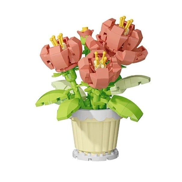 Samlingsblomma rosa pion i krämfärgad kruka 10 × 8 cm dekoration av plastbyggstenar 1