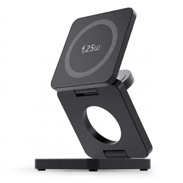 Sammenfoldelig magnetisk trådløs oplader 3i1 Qi2.2 25 W til iPhone Apple Watch og AirPods Rejseopladningsstand sort