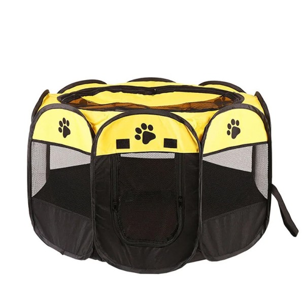 Sammenklappelig ottekantet bur til hunde og katte 73 x 73 x 43 cm Transportabelt rede til kæledyr med hegn Fødeværelse og opdrætsudstyr gul
