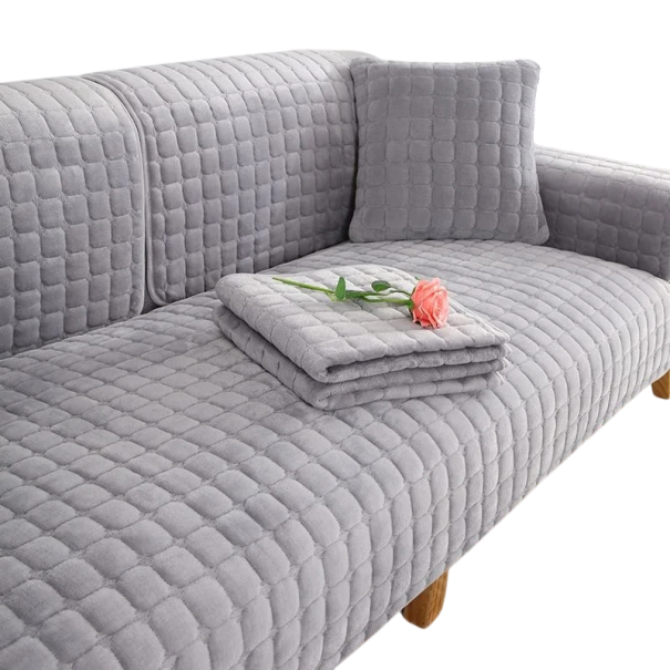 Sammetsoverdrag till soffa 90 x 120 cm plyschigt halkfritt och flanell rutigt design för soffa och divan tvättbart i maskin ljusgrå