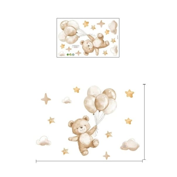 Samolepka na zeď 54,7 x 39,1 cm Medvedík s hnedými balónikmi Priesvitný matný vinyl Dekorácia do detskej izby Roztomilá nástenná ozdoba 1