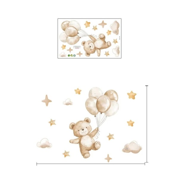 Samolepka na zeď 54,7 x 39,1 cm Medwiedź z brązowymi balonami Przezroczysty matowy winyl Dekoracja do pokoju dziecięcego Urocza ozdoba ścienna 1