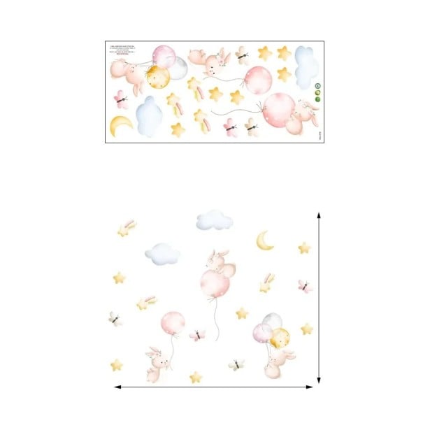 Samolepka na zeď 77 x 77 cm Králik s balónikmi Priesvitná detská nástenná dekorácia z matného vinylu Jemná roztomilá výzdoba izby 1