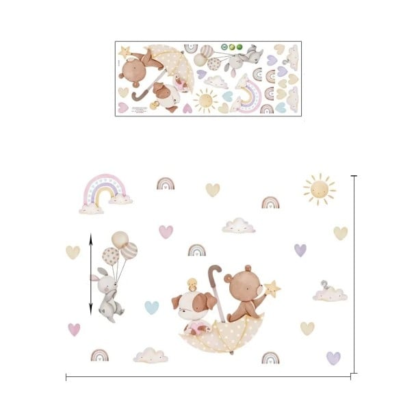 Samolepka na zeď 81 x 55,3 cm Medvedík s psíkom v dáždnika a králik Priesvitná detská nástenná dekorácia z matného vinylu Roztomilá výzdoba izby 1