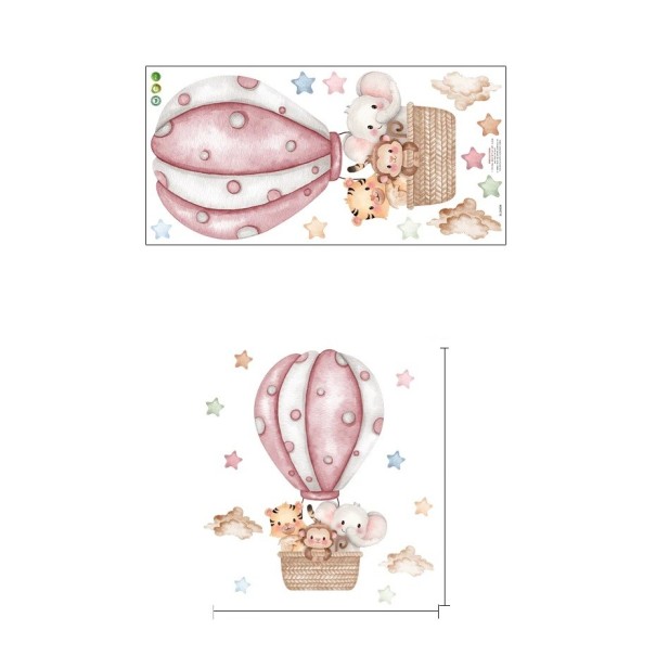 Samolepka na zeď do dětského pokoje 67,2 x 60,08 cm Tygr opice a slon v růžovém balónu nástěnná dekorace z průsvitného matného vinylu 1