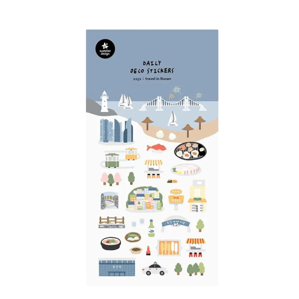 Samolepky Busan cestovní město a pláž 9,2x15 cm papír modré dekorativní nálepky do diáře scrapbooku notesu alba 1