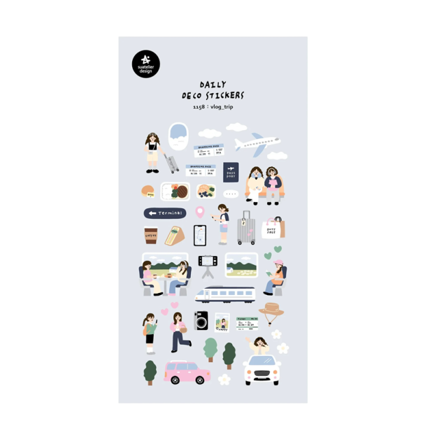 Samolepky cestování a vlog trip motivy 9,2x15 cm matný papír šedé dekorativní nálepky do diáře alba notesu 1