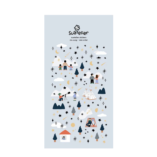 Samolepky hvězdy a noční obloha 9,2x15 cm PVC světle modré dekorativní nálepky do diáře scrapbooku notesu alba 1