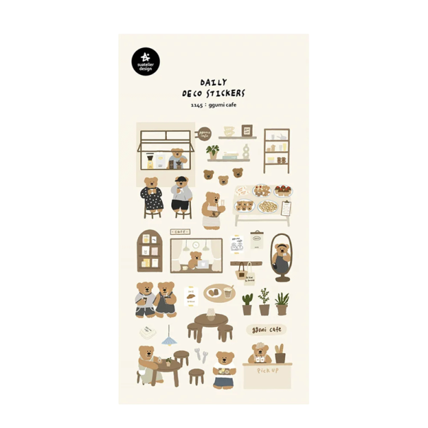Samolepky kavárna s medvídky motivy 9,2x15 cm matný papír béžové dekorativní nálepky do diáře scrapbooku notesu 1