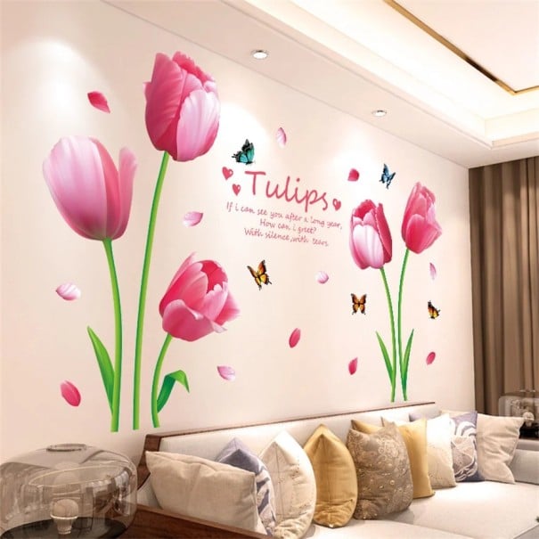 Samolepky na stenu 60 x 90 cm Tulipány Po nalepení cca 140 x 88 cm Kvetinové nálepky na stenu Elegantná tulipánová dekorácia 1