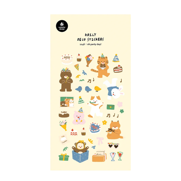Samolepky narozeninová párty zvířátka 9,2x15 cm papír béžové dekorativní nálepky do diáře scrapbooku notesu alba 1