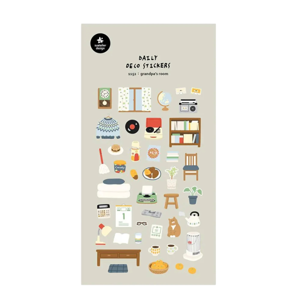 Samolepky retro pokoj a domácnost 9,2x15 cm papír šedobéžové dekorativní nálepky do diáře scrapbooku notesu alba 1