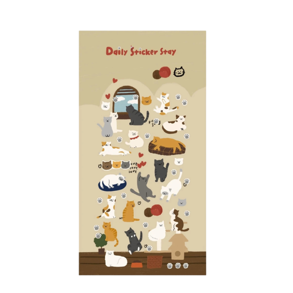 Samolepky roztomilé kočičky dekorativní arch 9,2x15 cm papírové béžové s kočkami a tlapkami pro diář scrapbook zápisník 1